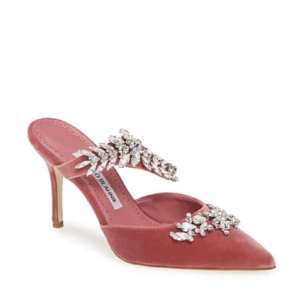 Manolo Blahnik Lurum Embellished Velvet Mules In Dusty Pink